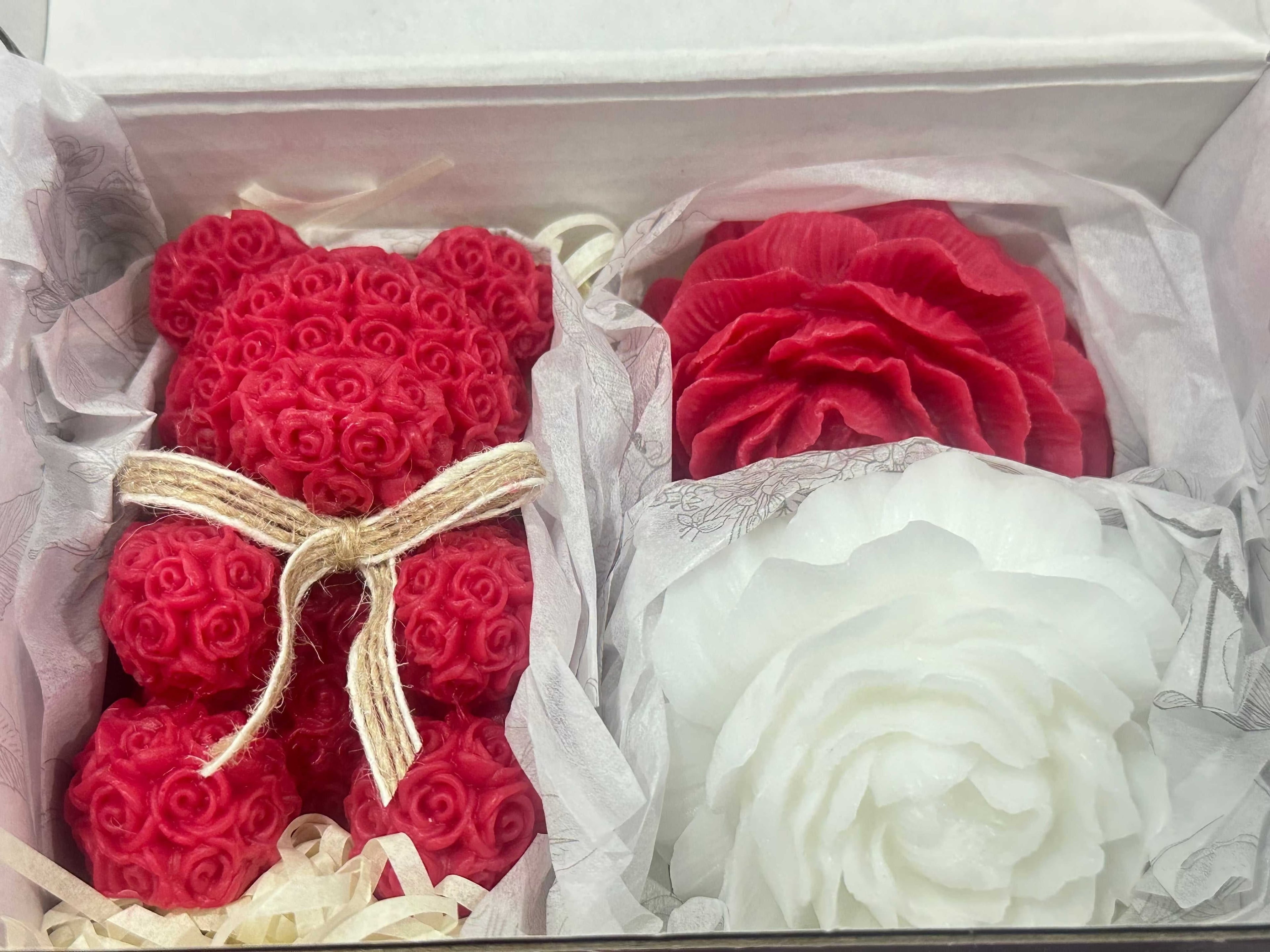 Snow & Scarlet Blossom Gift Box with handcrafted red rose teddy and red and white floral candles in gift-ready packaging